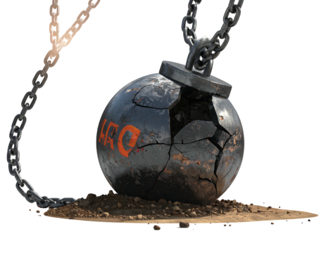 Cracked, heavy sphere, suspended by chains, rests on dirt