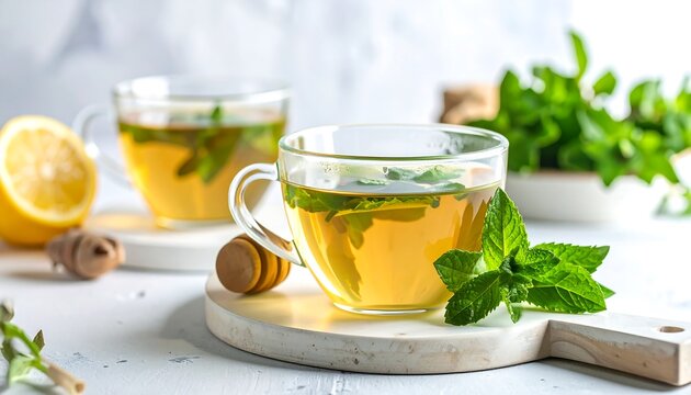 Two cups of herbal tea with mint leaves and lemon