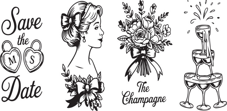 Elegant save the date icons wedding cake champagne woman and flowers celebration wedding