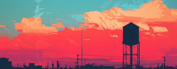 Sunset Silhouette of Industrial Structures: Capturing a serene twilight scene, where the silhouette of the water tower and industrial landscape stand boldly against a fiery sky.