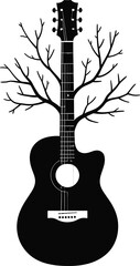 Black and white silhouette of a tree with guitar branches