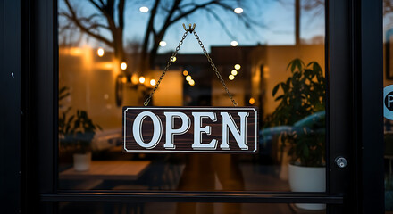 "Open sign in a shop window at dusk".