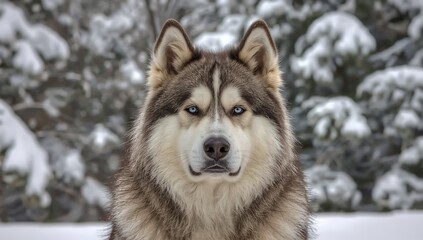 Naklejka premium Close up portrait of a husky in the snow