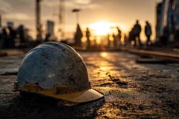 Construction helmet on the ground at sunset