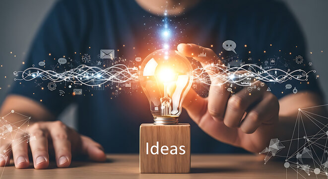 Person holding a glowing lightbulb symbolizing innovative ideas, connected to a network of digital information.