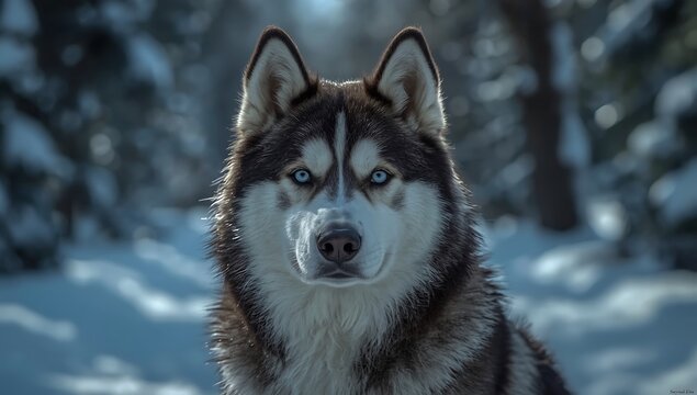 Siberian husky dog in snowy forest