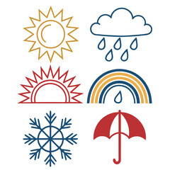 A collection of stylized weather icons including a sun rain cloud rainbow snowflake and umbrella against a white background representing different meteorological conditions