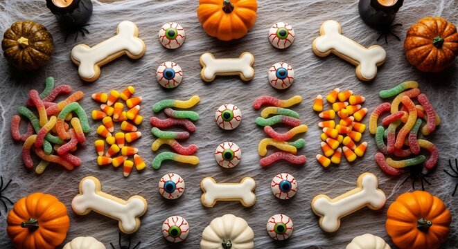 Halloween treats pumpkins candy corn gummy worms eyeballs bone cookies on a spiderweb backdrop