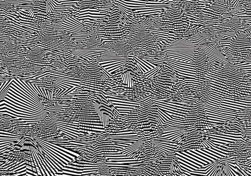 Intricate optical illusion of geometric shapes and parallel lines creating a distorted landscape like visual