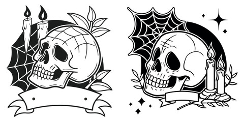A Set of Two Black and White, Old School Tattoo Style Illustrations, Featuring Spooky Skulls with Candles, Spiderwebs, and Blank Banners for Custom Text, Perfect for Halloween Designs.