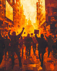Silent Protest: A spirited multitude surges through city streets, raising signs and fists against a backdrop of sunlit buildings, expressing collective voices. 