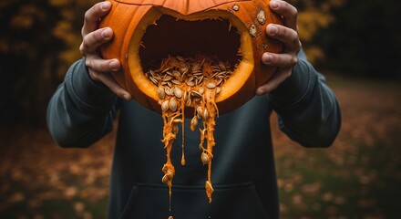 Hands hold a pumpkin its top cut open spilling seeds and pulp down in front of a blurred autumnal forest background