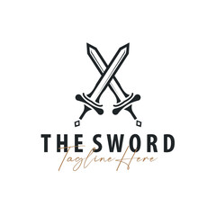 Sword logo design with simple black silhouette knight weapon concept templet illustration symbol icon