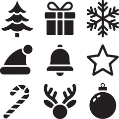 Fototapeta premium Festive christmas icons collection tree gift snowflake hat bell star candy cane reindeer ornament