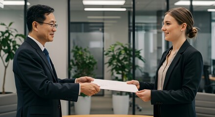 Close-up of businessman handing over envelope in modern office environment, professional deal.