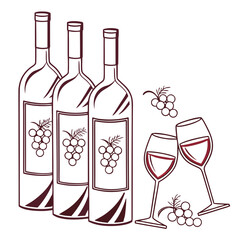 A minimalist line art illustration featuring three wine bottles with grape labels next to two clinking wine glasses filled with red wine and scattered grapes