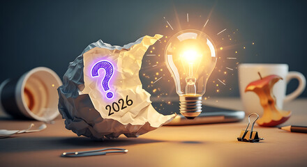 A glowing lightbulb illuminates a desk, symbolizing ideas and innovation, beside crumpled paper.
