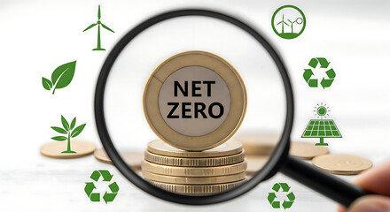 A magnifying glass focuses on a coin stack with "Net Zero" text, surrounded by environmental icons.