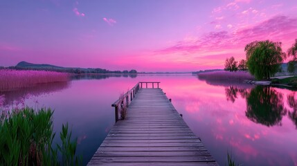 Naklejka premium Calm Lake at Sunset with Wooden Dock and Purple Sky Reflection