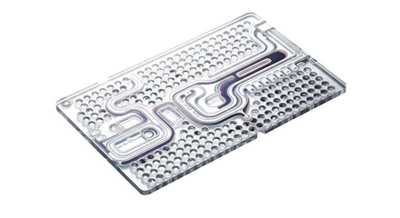 Microfluidic chip isolated on transparent background, a sophisticated tool for precise fluid control and analysis in scientific and industrial applications