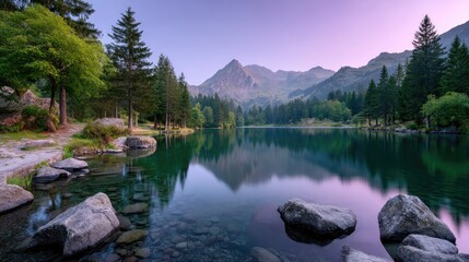 Calm Lake Reflection with Rocky Shoreline Green Trees and Distant Mountains Under Soft Hdr Lighting Creating a Cinematic Nature Scene in Serene Ambiance