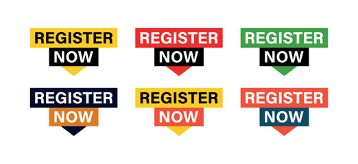 Register Now Button Set, Modern Call to Action Banners in Multiple Colors for Web, UI, Landing Pages