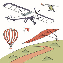 A whimsical collection of airborne vehicles including a biplane helicopter hot air balloon hang glider and a small model airplane against a white background with a scenic landscape