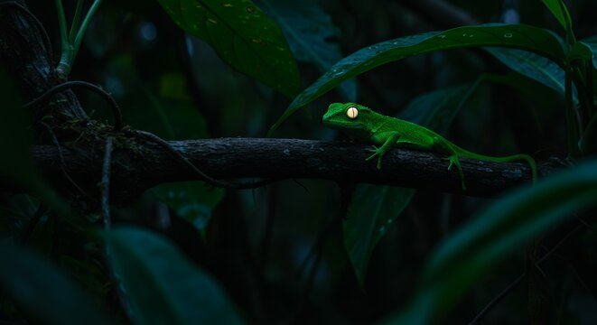 Green gecko on branch nighttime forest
