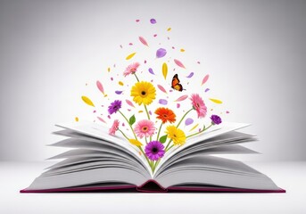 Open Book with Gerbera Flowers, Petals and Butterfly against White Background Decorate Book