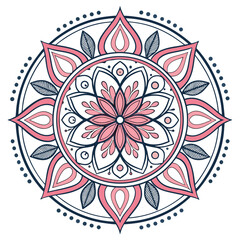 Beautiful intricate circular mandala design with delicate pink and navy blue floral patterns and leaf motifs on a white background perfect for meditation and yoga