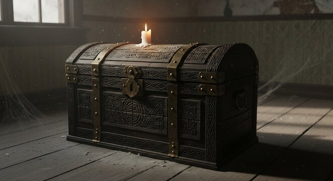 Ornate wooden chest sits on floorboards illuminated by a candle Cobwebs in corner soft light from window - Powered by Adobe