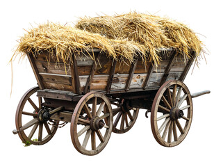 Antique wooden wagon overflowing with hay