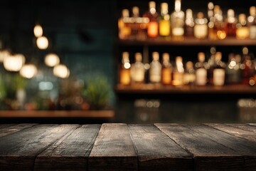 Dark, wooden bar top, blurred background