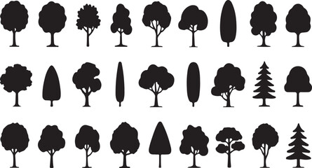 Collection of diverse tree silhouettes various shapes and sizes for natural design elements