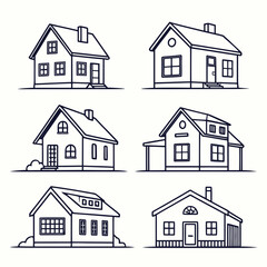 Collection of six simple line art illustrations of diverse residential houses and homes showcasing different architectural styles and roof designs perfect for real estate or construction concepts