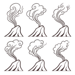 Collection of six stylized line art illustrations depicting volcanoes erupting with swirling smoke and ash plumes in a simple graphic design style on a white background
