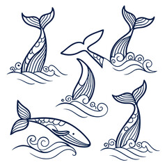 Collection of stylized whale illustrations with decorative patterns and wavy water elements in a simple dark blue line art style on a white background