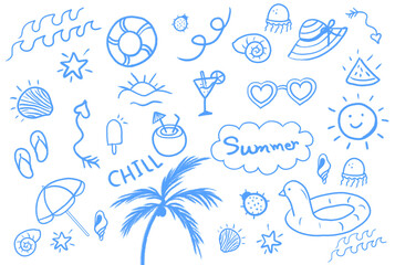 Collection of blue summer doodles and icons, isolated on transparent background