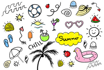 Collection of colorful summer doodles and icons, isolated on transparent background