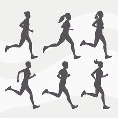 Diverse group of male and female runners in silhouette form captured mid stride showcasing dynamic movement and athletic activity against a subtle wavy background