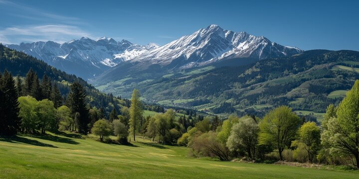 Panoramic view of the Alps with snow capped mountains in the distance and lush green meadows stretching endlessly