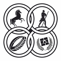 Interlocking circles featuring a rearing horse a walking man with a staff a rugby ball and a laurel wreath with a crest symbolizing unity and diverse achievements