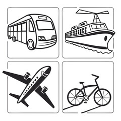 Set of four distinct transportation icons featuring a bus a ship an airplane and a bicycle presented in a clean minimalist black and white graphic style