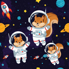 Three happy cartoon astronaut squirrels explore vibrant outer space with planets and rockets