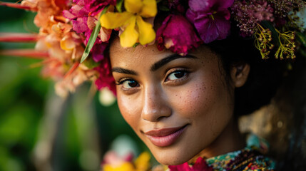 Beautiful woman adorned with vibrant floral crown smiling softly in natural outdoor light surrounded by lush greenery and colorful blossoms highlighting her features.