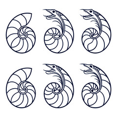 Stylized nautilus shell and serpent creature graphic design elements in a repeating pattern on a white background