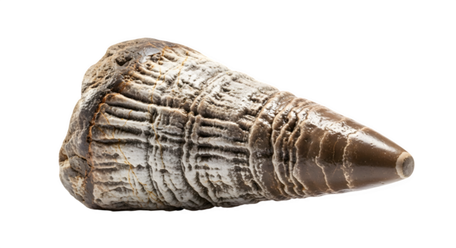 Fossilized tooth of an extinct animal isolated on transparent background, showcasing intricate details and textures preserved over millions of years