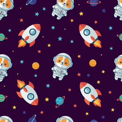 Cute astronaut dogs and rockets explore starry space with colorful planets Playful cosmic adventure pattern