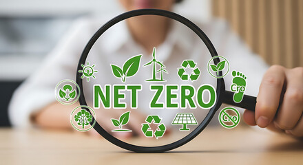 Person holding a magnifying glass over "Net Zero" text with green energy and sustainability icons.