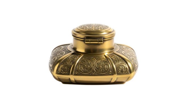 Ornate gold inkwell isolated on transparent background, a vintage writing accessory with intricate designs and a hinged lid for preserving ink